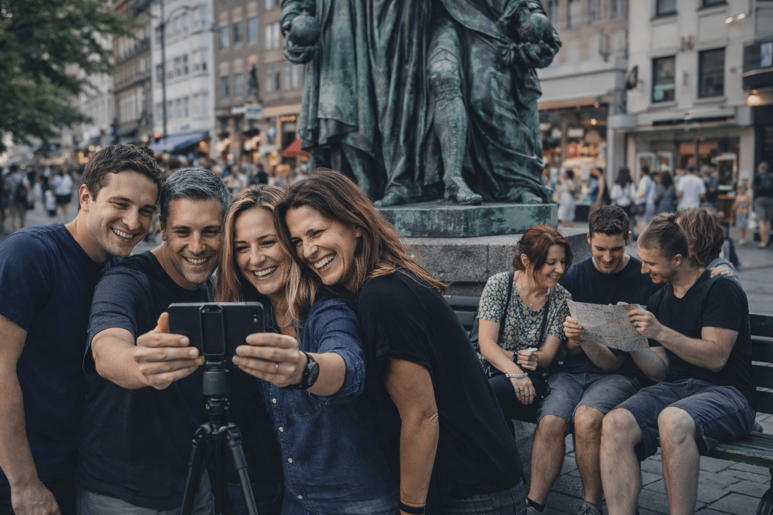 En gruppe unge mennesker tager en selfie foran en statue på en byplads i en travl bymidte.
