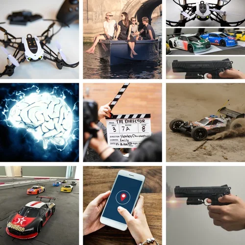 En collage af ni billeder herunder: En drone, tre personer i en båd, en drone med kamera, en lysende hjerne, en filmmanual, en fjernstyret racerbanebil, en persons hånd med en pistol, et racerløbs screenshot, en person holder en smartphone med en GPS-pen, og en person affyrer en pistol.