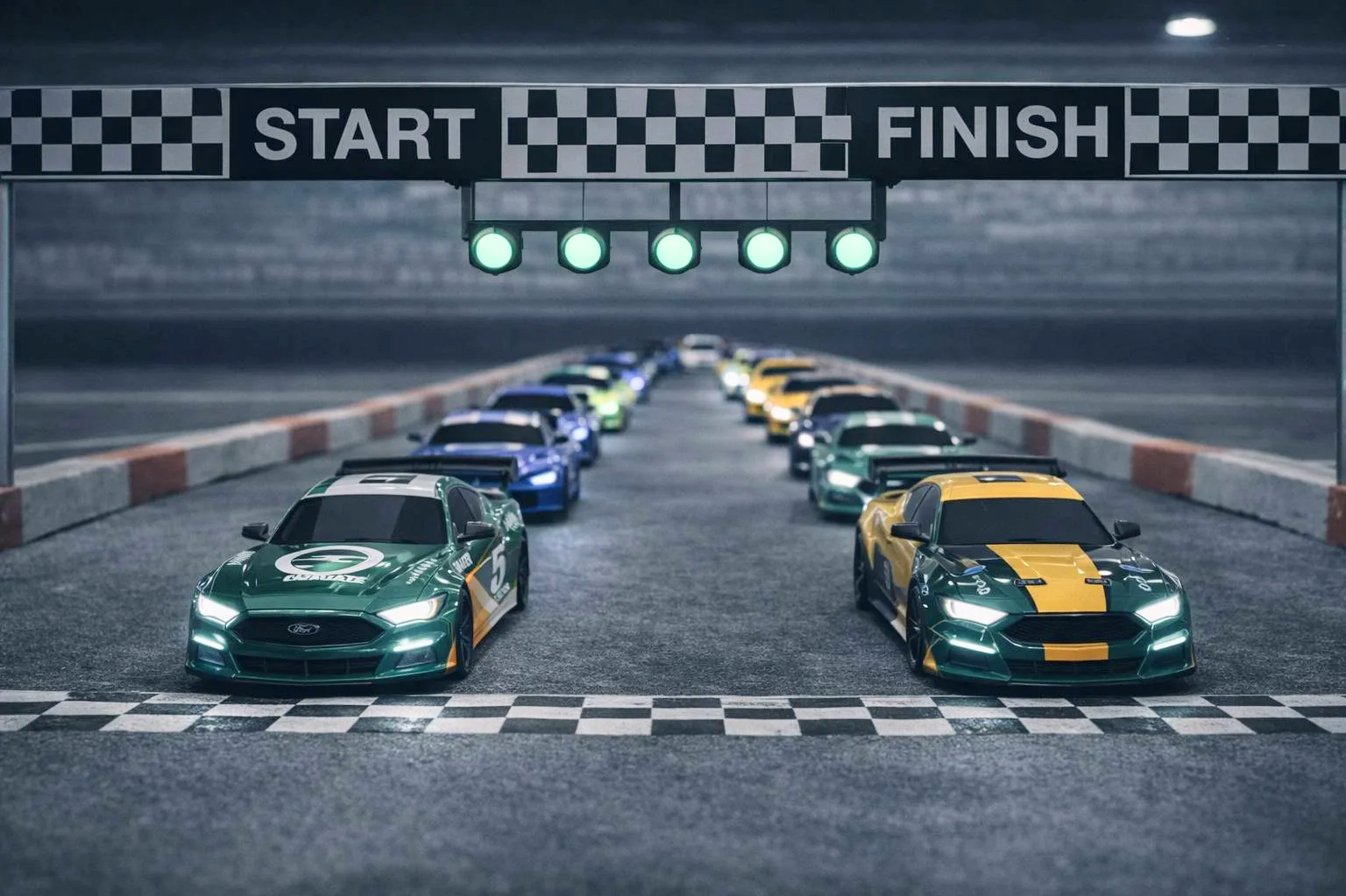 Indendørs racerbane med fjernstyrede biler klar til start, hvor teams konkurrerer i en dynamisk teambuilding aktivitet med fokus på fart, præcision og samarbejde