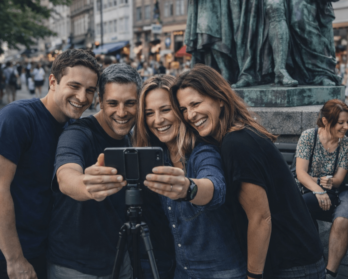 Fire personer på teambuilding tager selfie med en smartphone i en travl by, med en skulptur og mange mennesker i baggrunden.