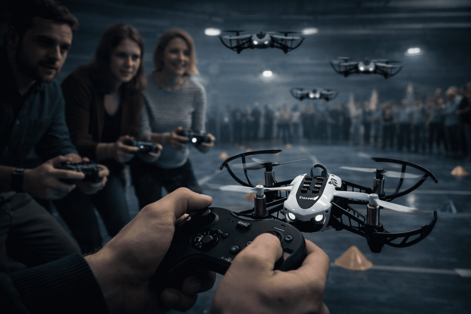 Fjernstyrede droner i action under sjov teambuildingkonkurrence for virksomheder indendørs