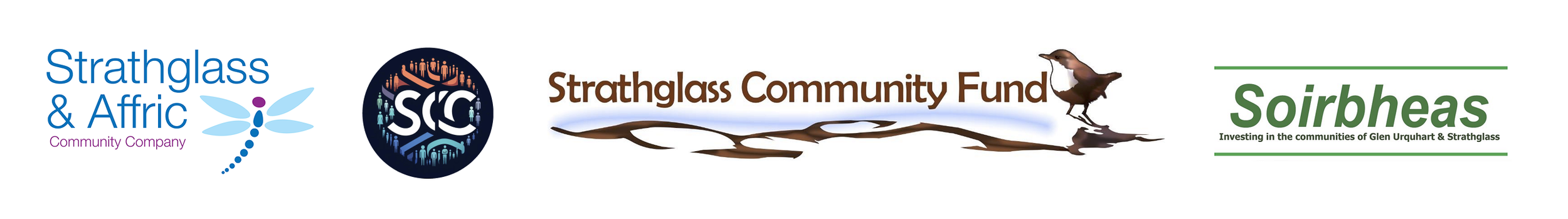 logos of local community groups Strathglass & Affric Community Company, Strathglass Community Council, Strathglass Community Fund and Soirbheas