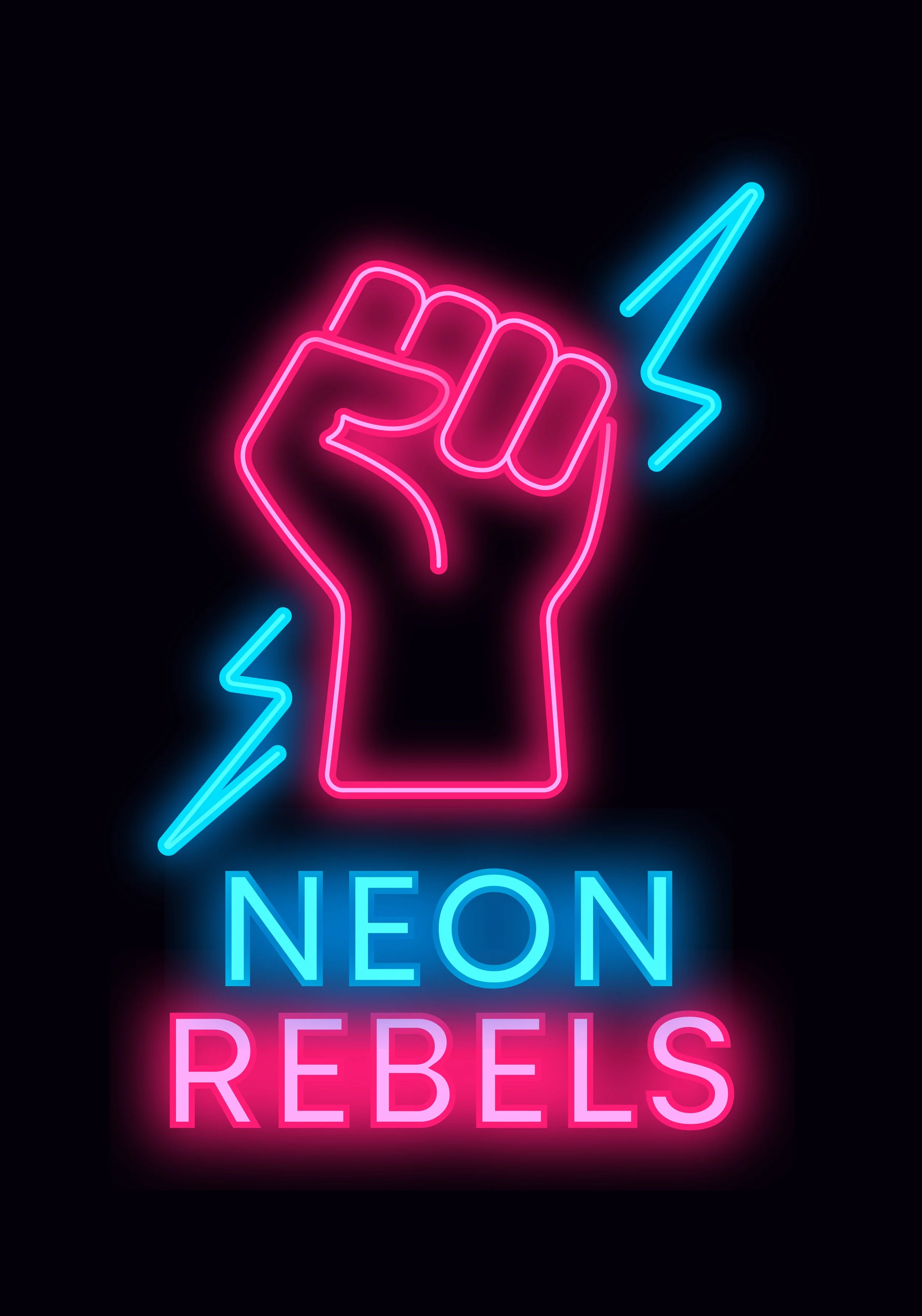 Neon sign with a raised fist and lightning bolts, reading 'NEON REBELS'.