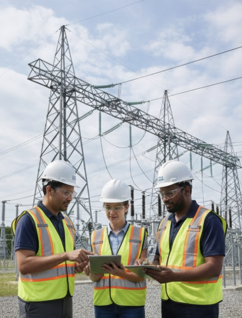 Three electrical engineers in safety vests and helmets reviewing plans near high-voltage power lines.