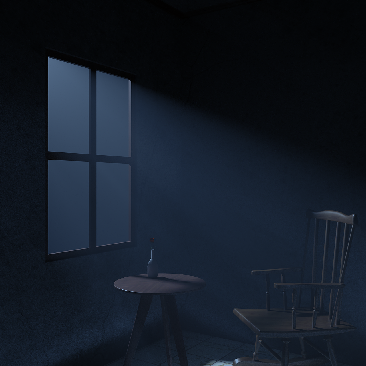 A dark, quiet room with a single window letting in moonlight, a wooden chair, and a small table with a vase holding a single flower.