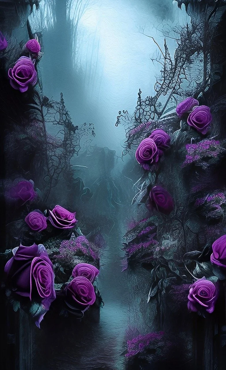 A fantasy-like scene of a dark, foggy forest with a reflective body of water, surrounded by purple roses and twisted, leafless branches, creating an eerie and mystical atmosphere.