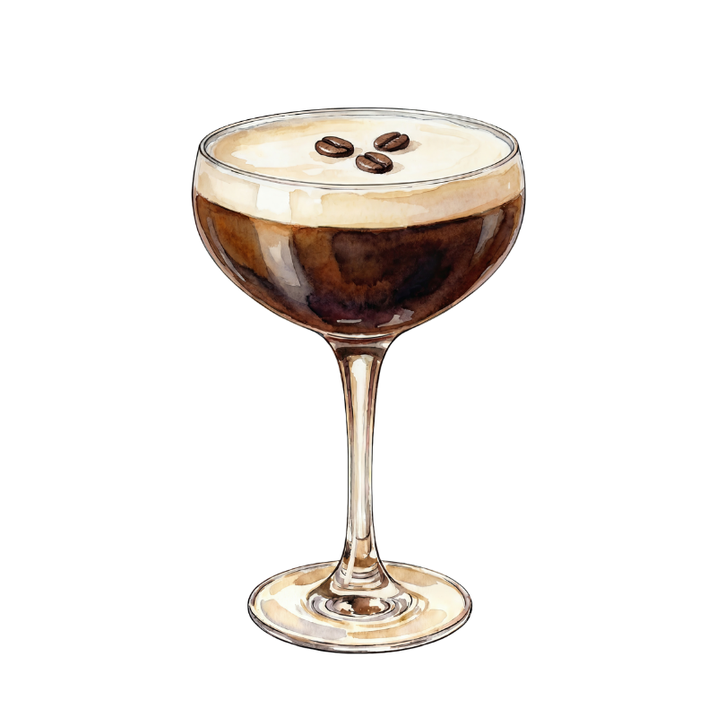 Watercolor illustration of a cocktail glass filled with a dark beverage, topped with cream and garnished with coffee beans.