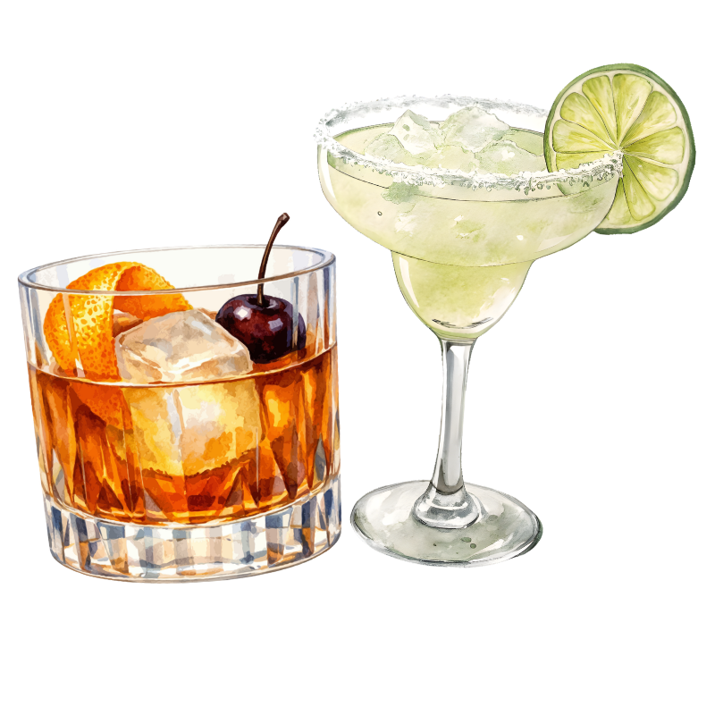Two cocktails, one in a short glass with orange peel and cherry, and the other in a margarita glass with lime slice and salted rim.