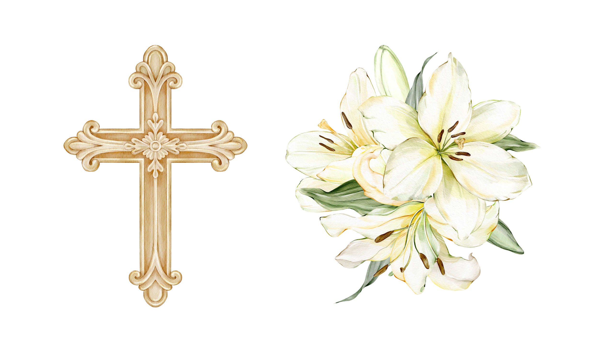 A decorative wooden cross, a bouquet of white lilies and lilies with green leaves, with a blank white space in the background.