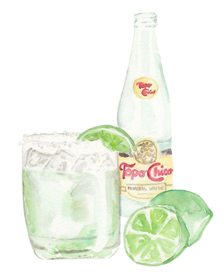 Watermelon lime cocktail with lime wedges and a bottle of Topo Chico mineral water.
