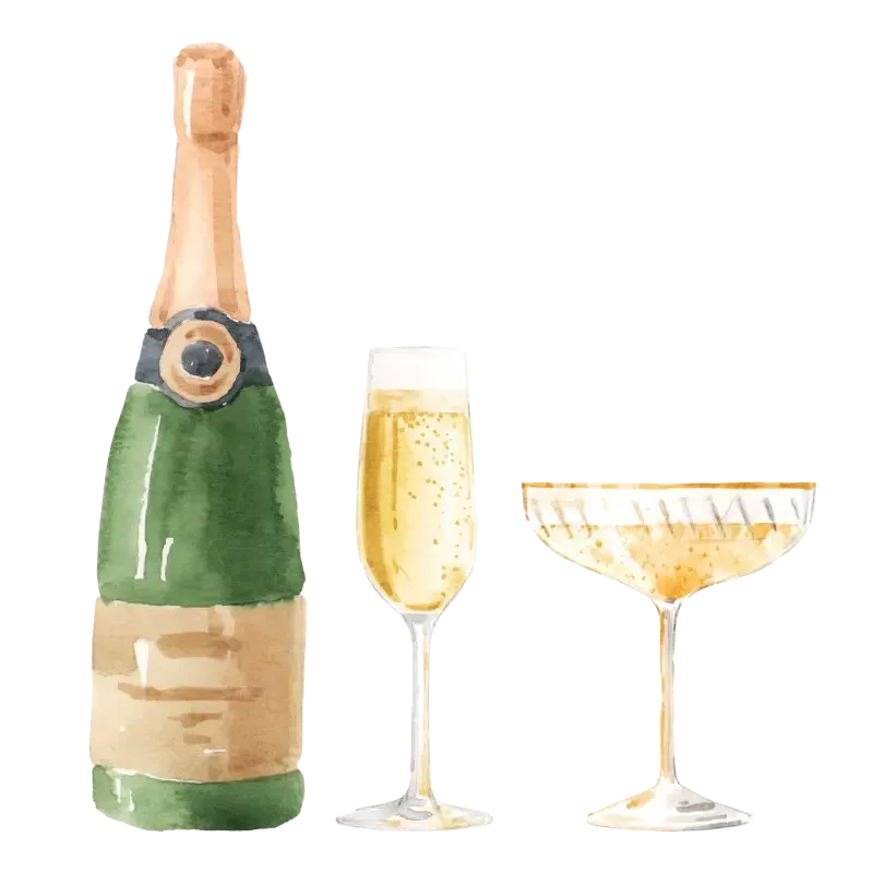 Watercolor painting of a champagne bottle, a glass of champagne, and a cocktail glass.