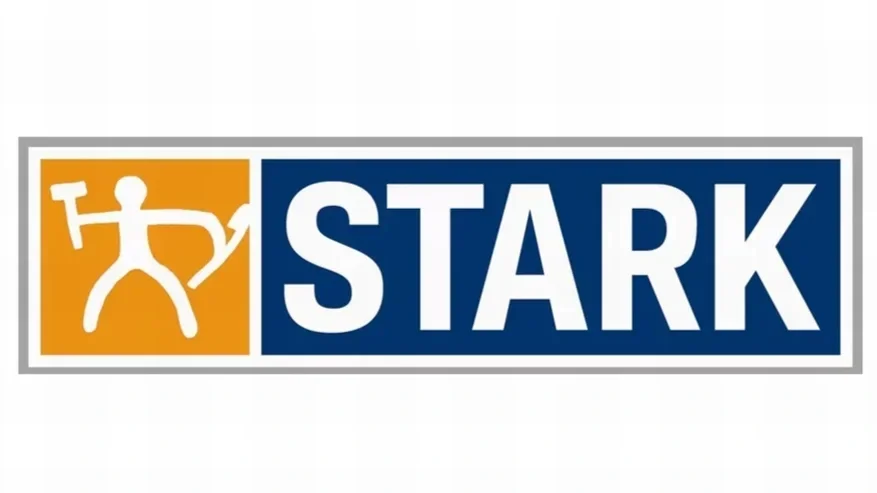 A logo with a stylized human figure next to a police badge emblem on an orange background, and the word 'STARK' in white capital letters on a blue background.