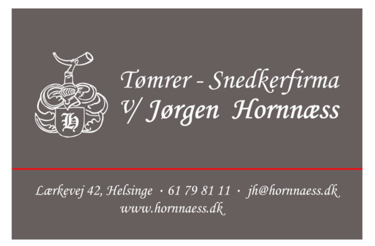 Business card for a woodworking company with the name Tomrer - Snedkerfirma v/ Jorgen Hornnass, including address, phone number, email, and website, on a gray background with a logo of a hammer and an intricate design.
