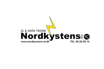Logo of Nordkysten with a lightning bolt, waves, and contact information in Danish.