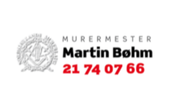 Business card for Muremerster Martin Bøhm with contact number 21 74 07 66, featuring a logo on the left.