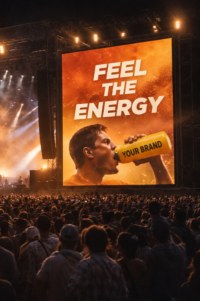 A large crowd watching a concert with a giant screen displaying a promotional message for energy drinks, showing a man drinking from a yellow bottle labeled "YOUR BRAND" and the slogan "FEEL THE ENERGY" in bold white letters.