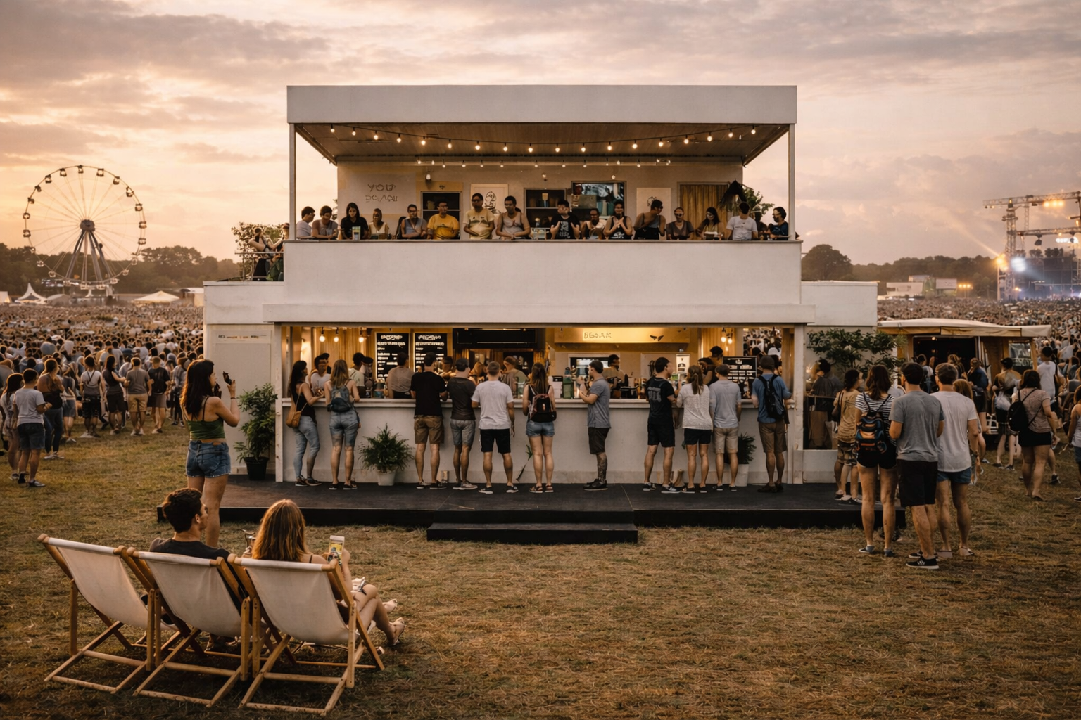 People at an outdoor music festival at sunset, with a white food and drinks stand in the foreground filled with customers, a two-story stage with people on the upper balcony, and a distant ferris wheel and festival tents in the background.