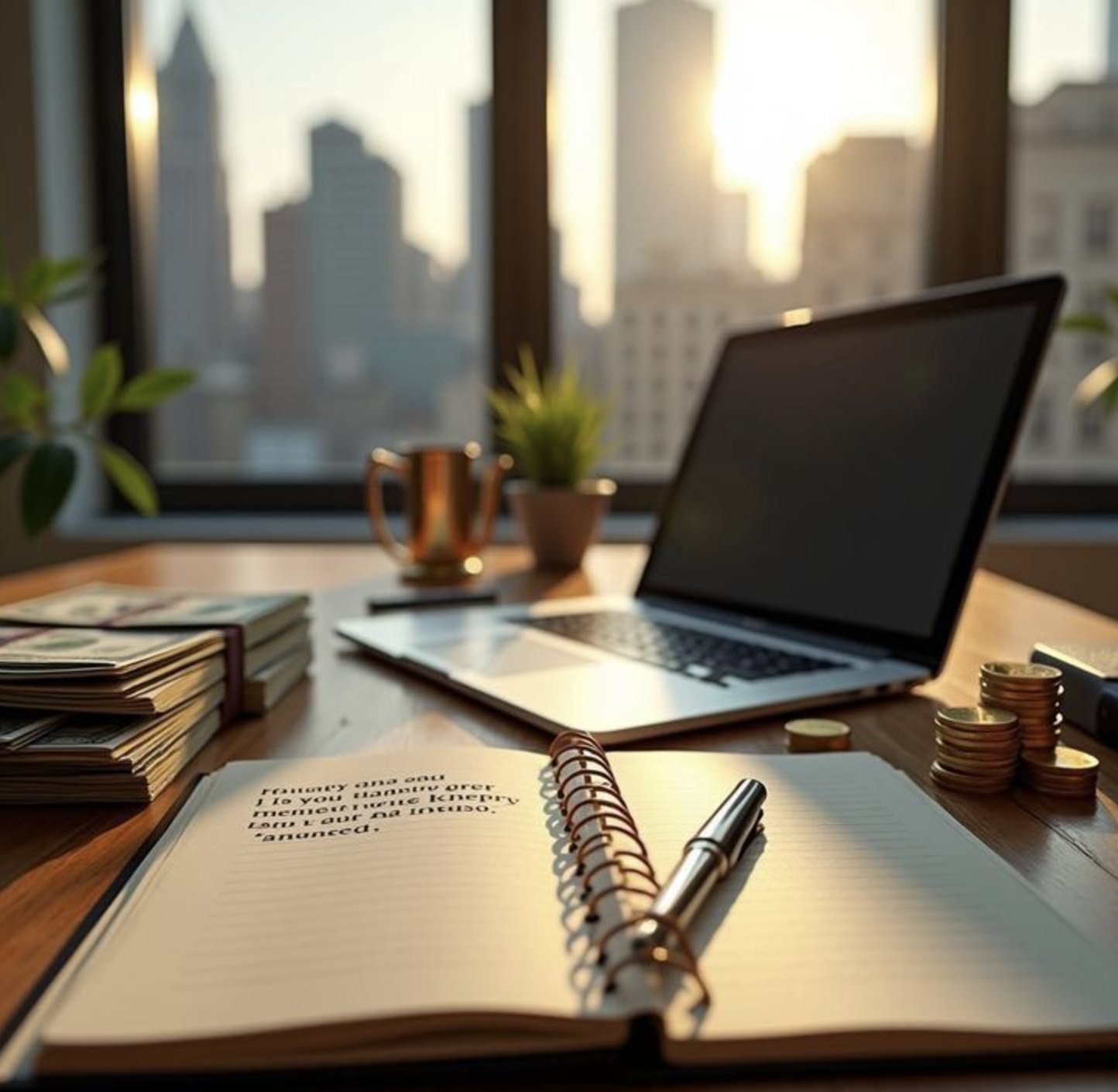 A business workspace at sunset with an open notebook, stacks of cash, coins, a laptop, a pen, a small potted plant, and a large window showing a city skyline.