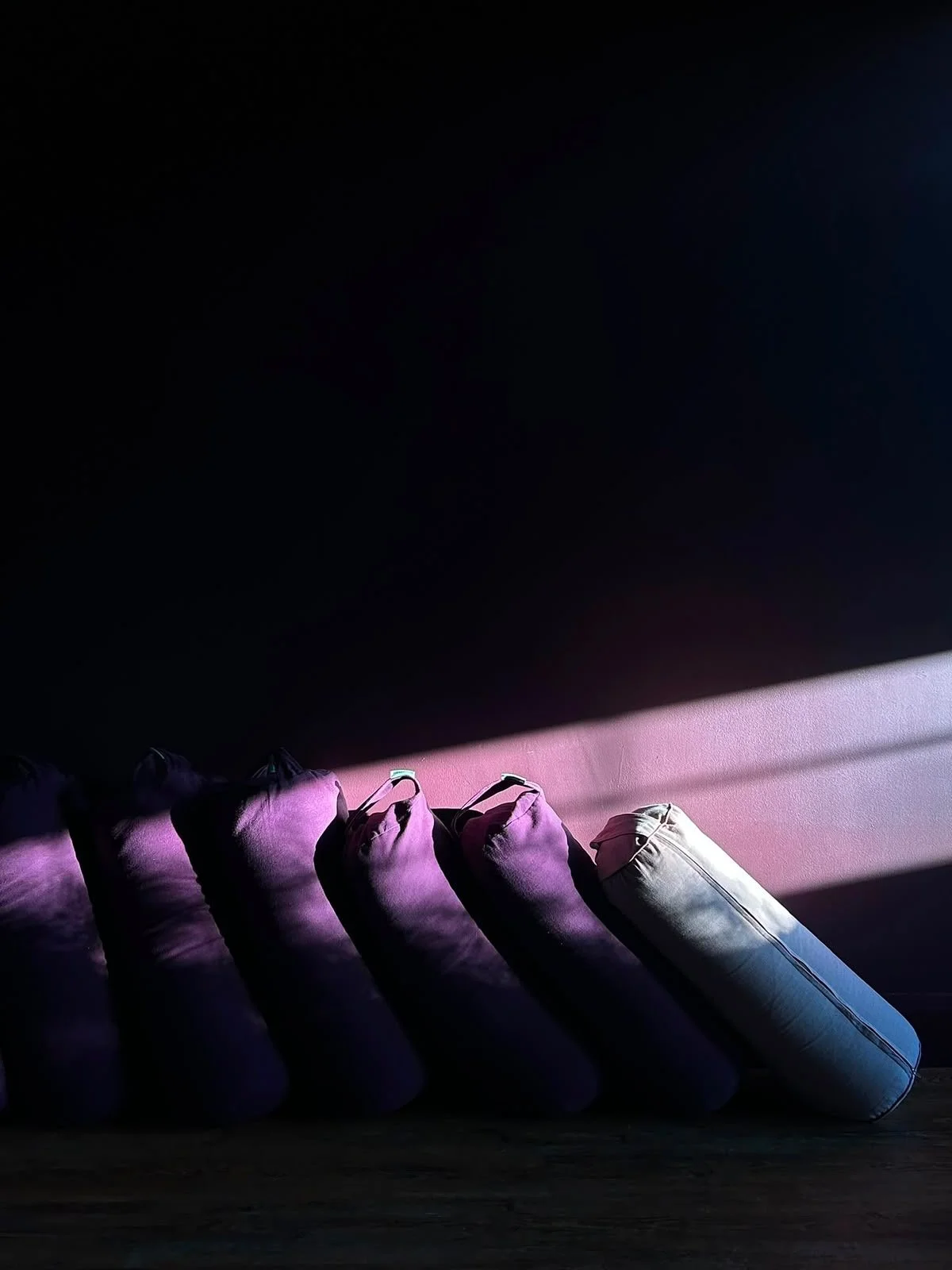 Row of sleeping bags illuminated by pink and purple light against black background.