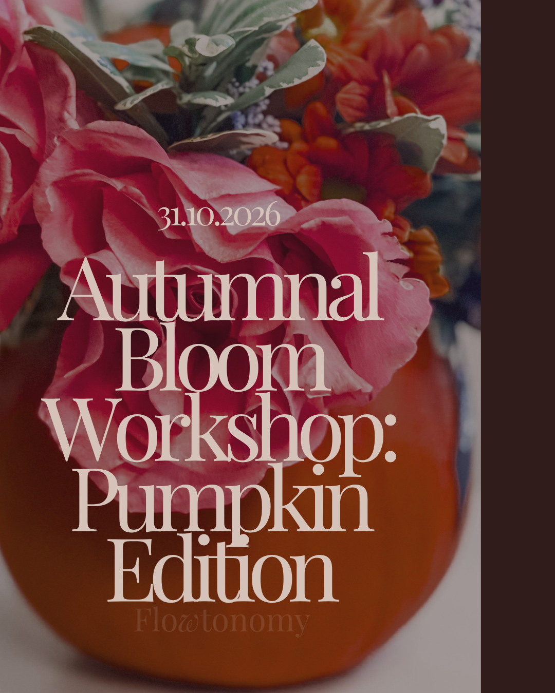 A close-up of a pink flower bouquet with orange flowers and green leaves in a brown vase, with overlaid text about an autumnal bloom workshop.