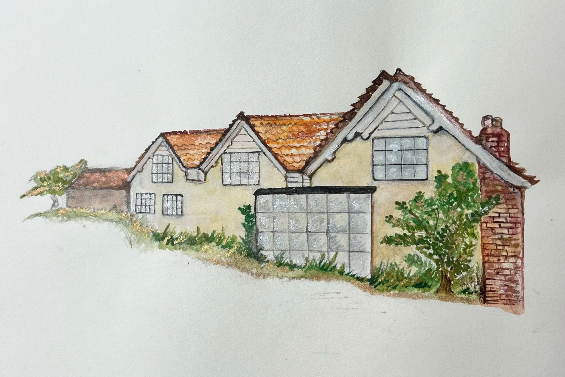 Watercolour illustration of Flowtonomy with a pitched roof, brick chimney, and large windows, surrounded by greenery.