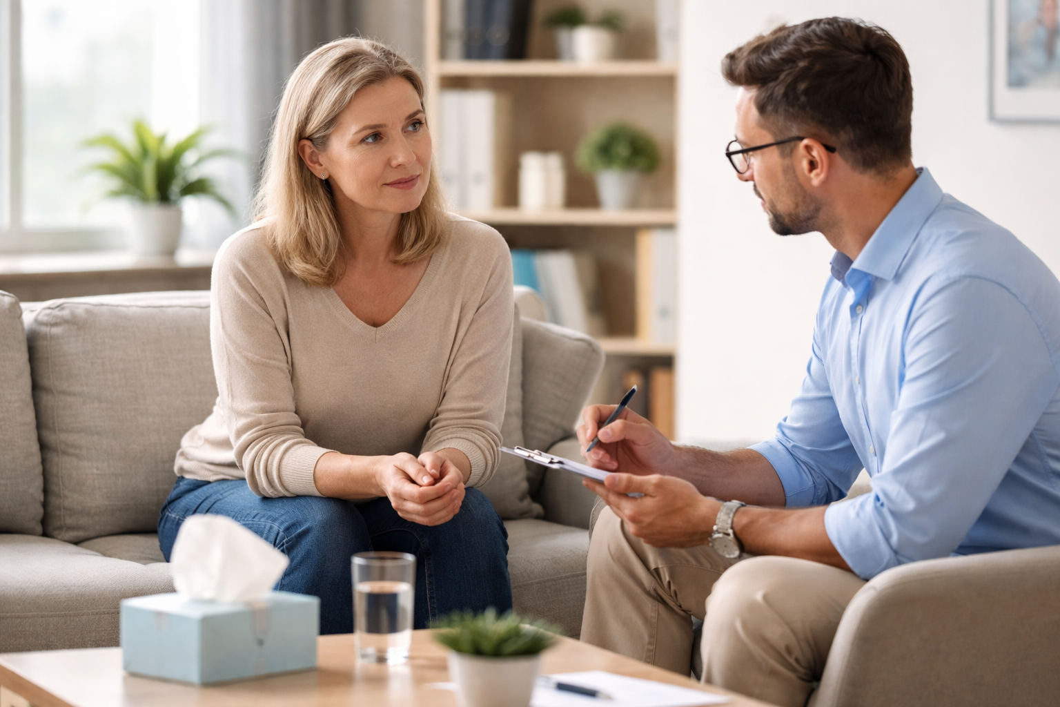 Una mujer y un hombre en una consulta, sentados en un sillón y en una silla, hablando, en un ambiente relajado con plantas y estanterías de fondo.