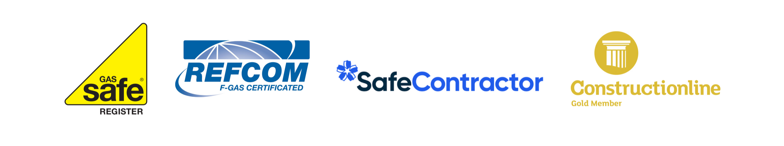 A row of logos for various construction safety certifications and memberships, including Gas Safe Register, REFCO, Safe Contractor, and Constructionline Gold Member.