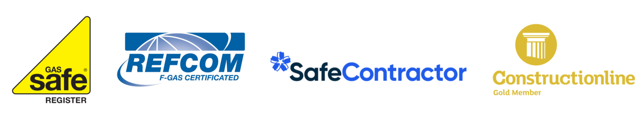 Logos of safety and construction organizations including Gas Safe Register, RECOM, SafeContractor, and Constructionline.
