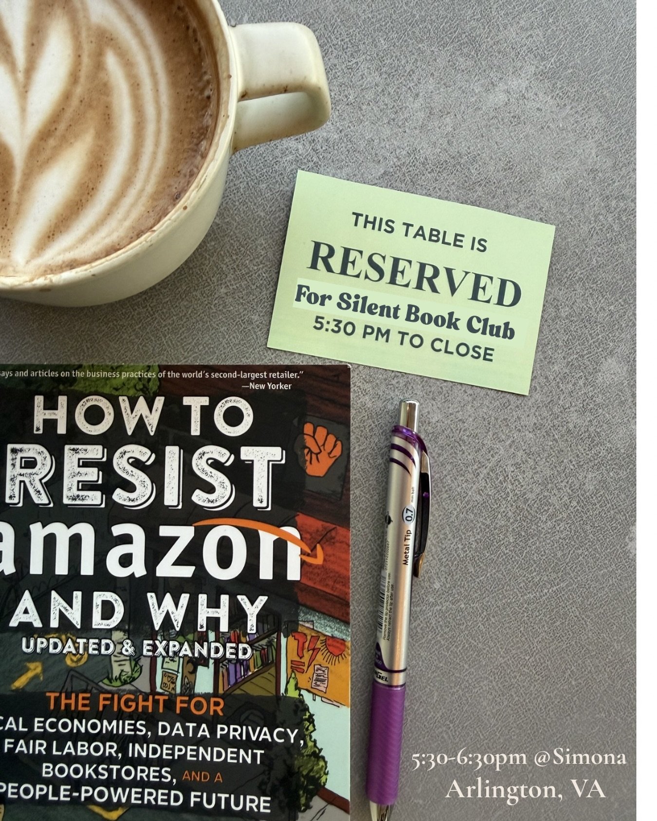 Silent Book Club tonight at @simonacafe ! 5:30-6:30pm ☕️ Everyone is welcome, no rsvp required! Tables under the outside covered will be reserved for us. 

Don&rsquo;t forget to say you&rsquo;re with the book club for 15% off your order! 

#arlington