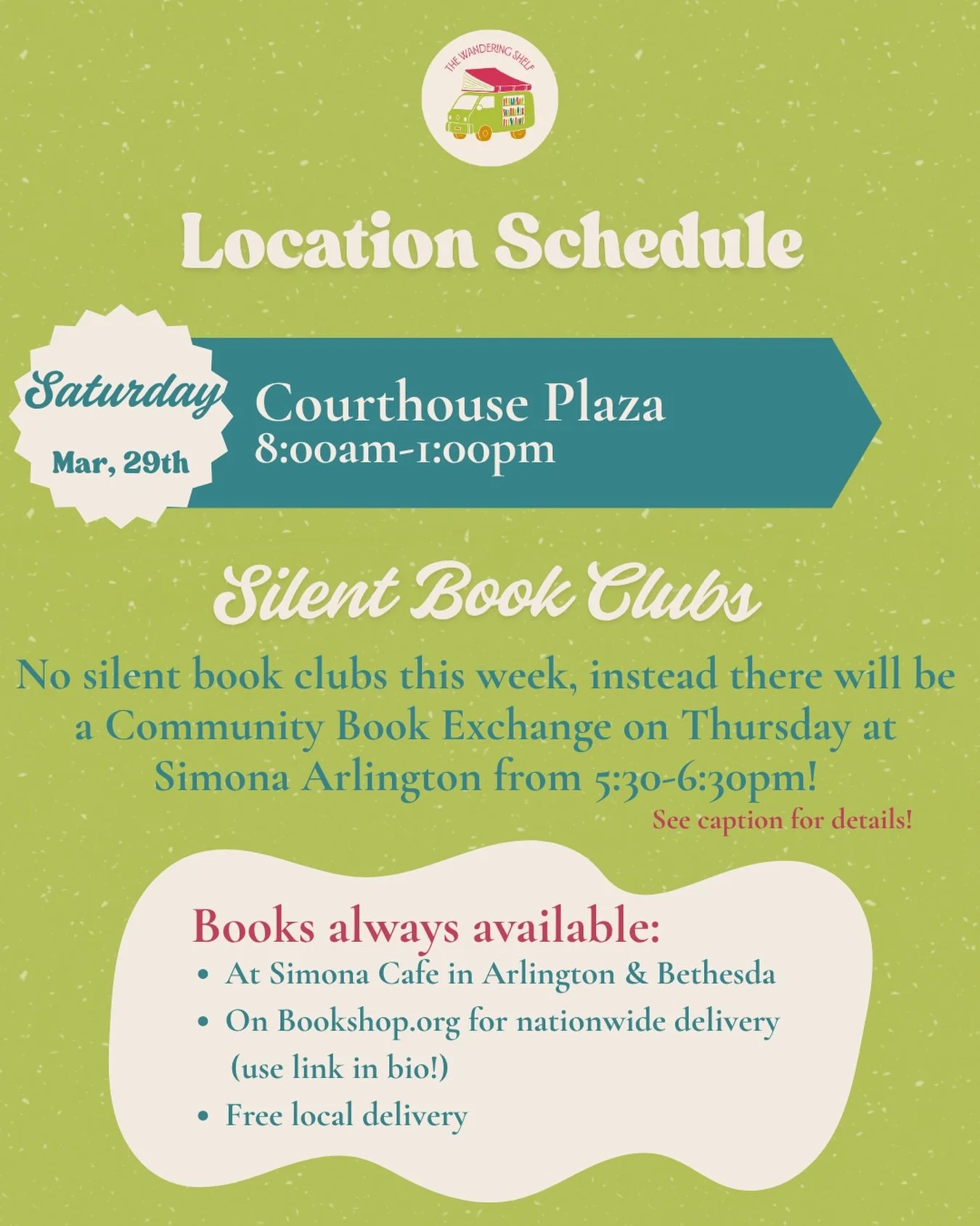 We&rsquo;re back at Courthouse Plaza on Saturday! 

We&rsquo;ll be hosting a Free Community Book Exchange at @simonacafe this Thursday with @mack_a_b instead of having Silent Book Club. 5:30-6:30pm, bring 1-10 books that you would like to swap with o