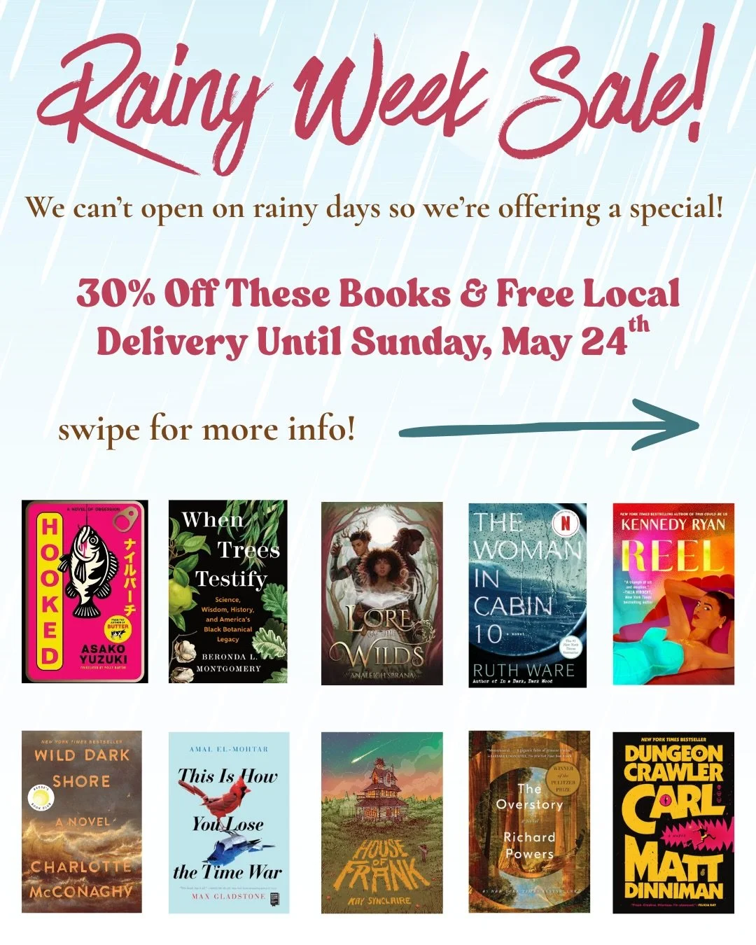 ARLINGTONIANS 

We&rsquo;re offering something special for this rainy week ahead! 

DM to order! While supplies last ☔️🌧️💧⛈️

Virginia | Local | Books | Read | Cozy | Fiction