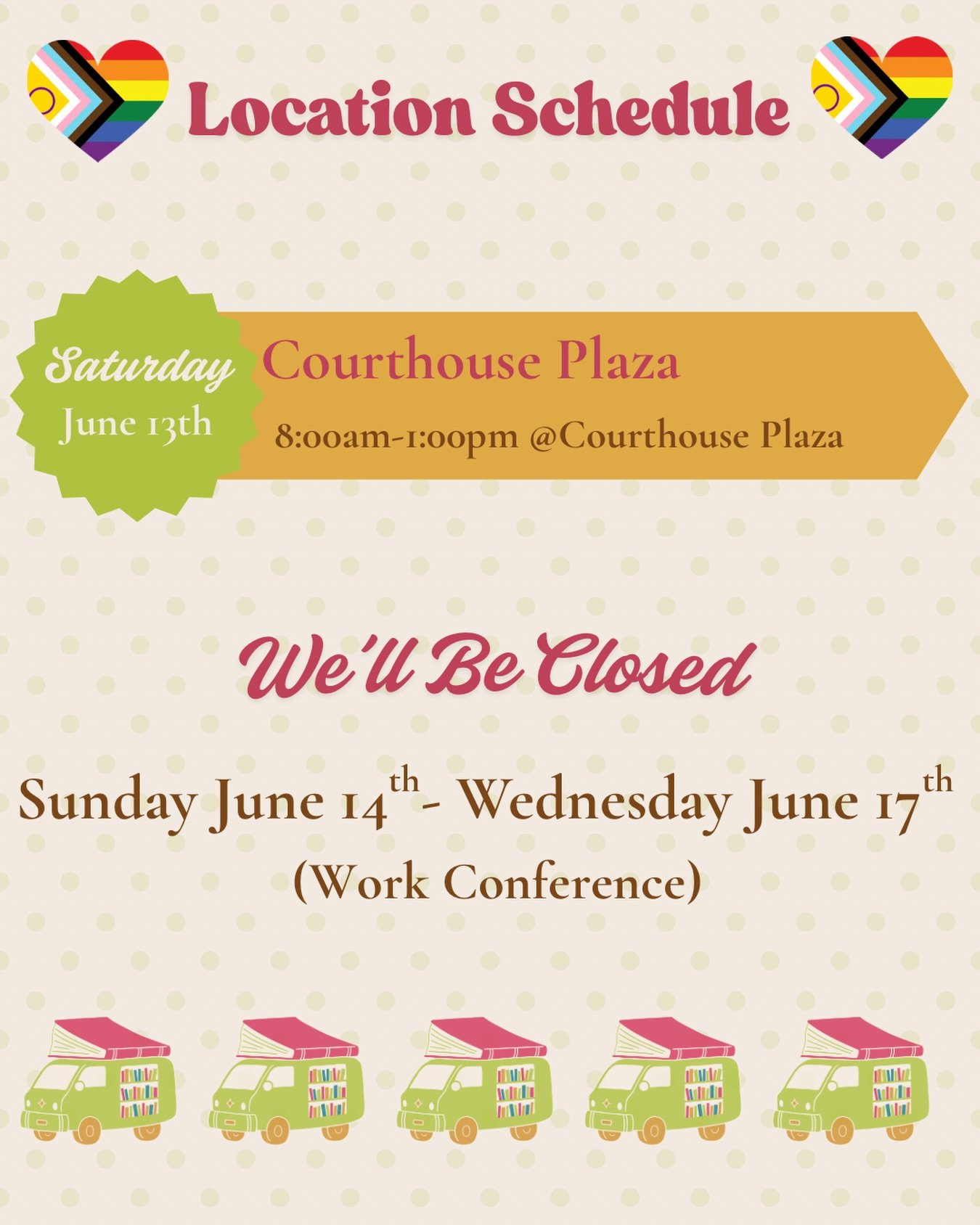 We&rsquo;ll be at Courthouse tomorrow! We were hoping to open yesterday but the humidity won 😓

Then we&rsquo;ll be closed Sunday-Wednesday while I head to a parks conference for my part time job!