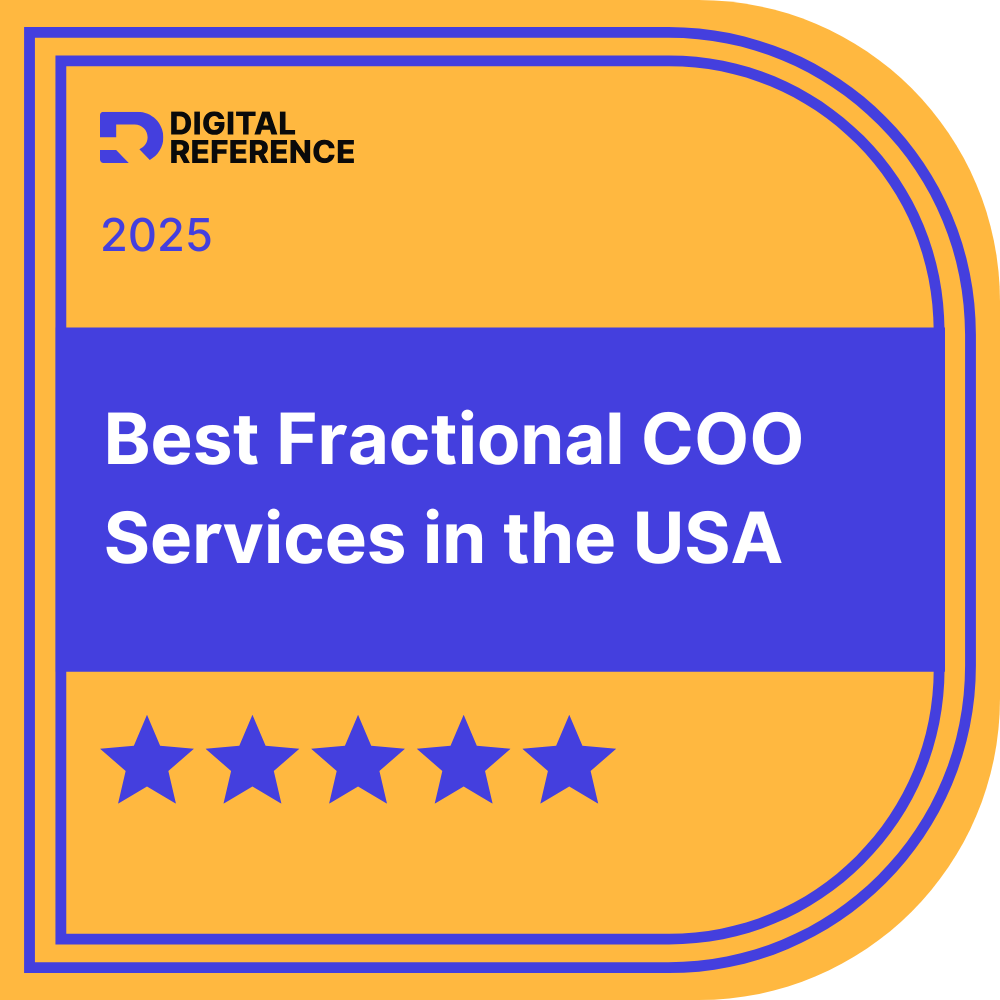 Award badge with the text "Best Fractional COO Services in the USA" for 2025 from Digital Reference, with five stars at the bottom.