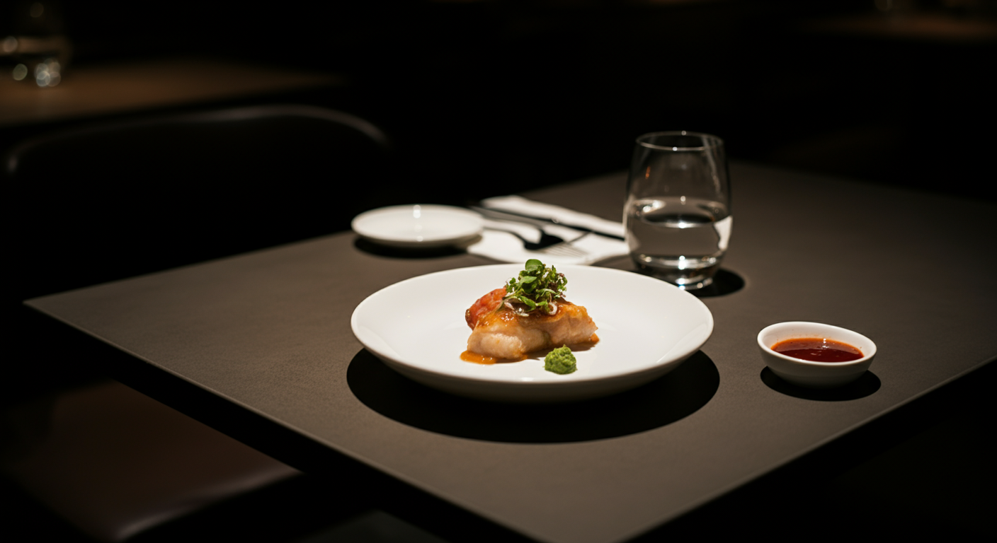 A single piece of cooked fish with sauce, garnished with green onions and wasabi, on a white plate, with a glass of water, a small dish of soy sauce, and a fork and spoon on a dark table setting.