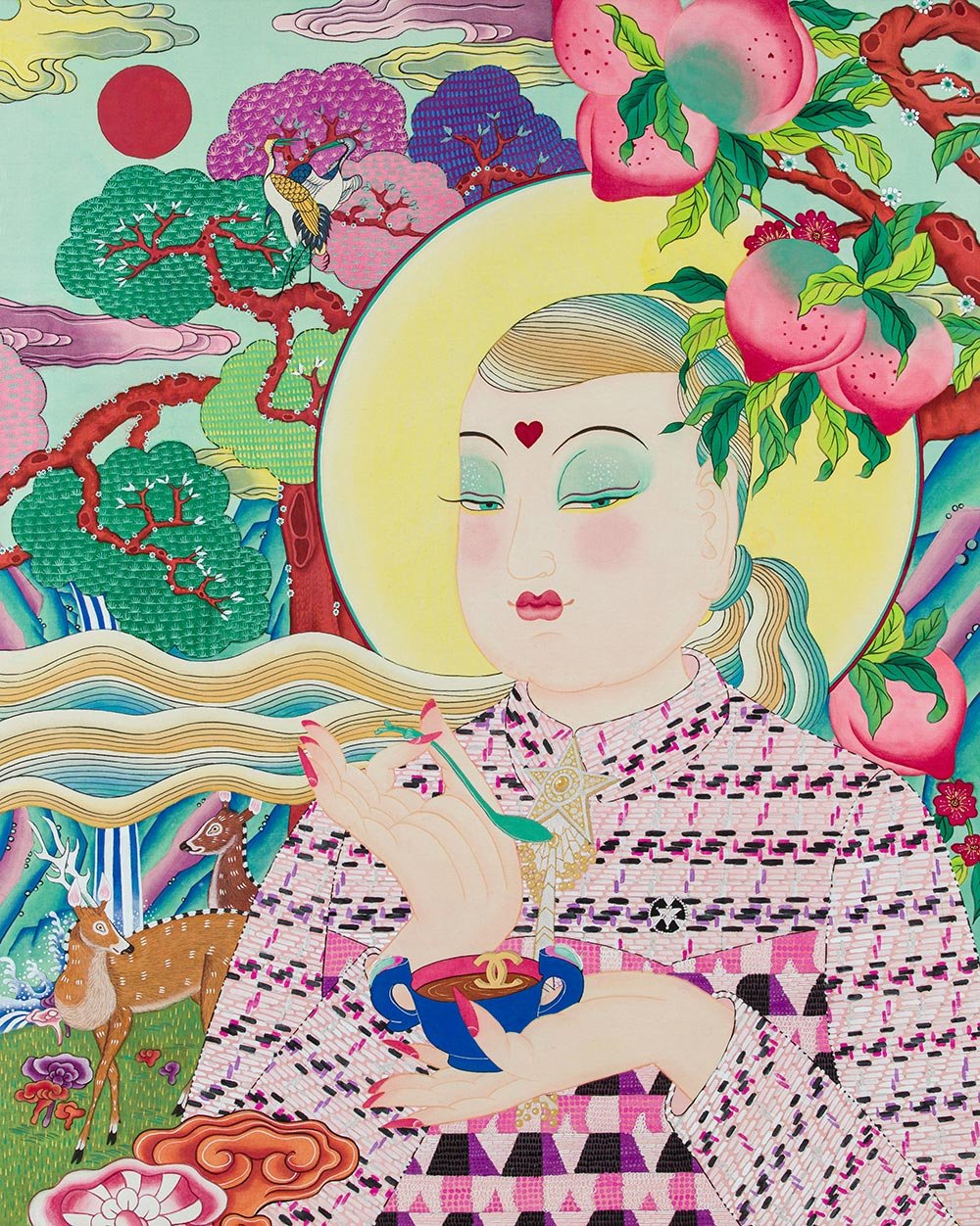 보살님께 오뜨꾸뛰르를 공양하다 No.1 | 72.7 X 90.9 cm | 비단에 진채 | 2023