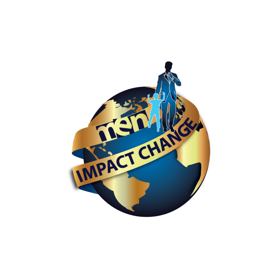 Global globe with two human figures, one adult and one child, standing on top. The child is raising one arm and the adult is holding a briefcase and a phone. A ribbon with the words 'men' and 'impact change' wraps around the globe.