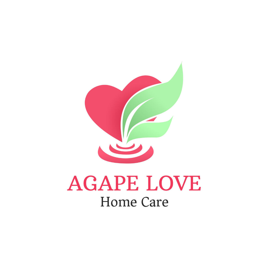 Logo for Agape Love Home Care featuring a pink heart with green leaves and water ripples.