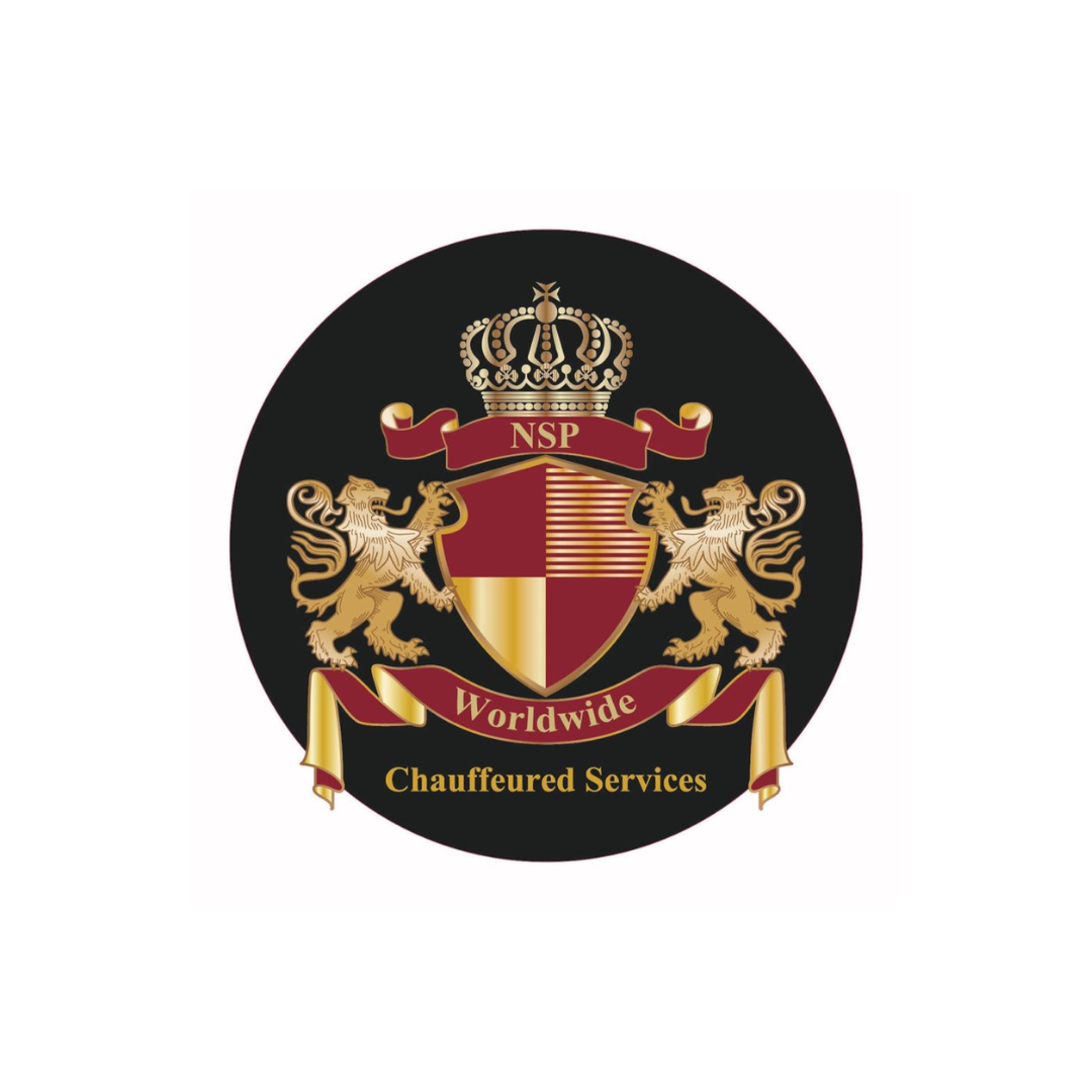 A circular logo with a black background featuring a gold crown, two lions, a shield, and a red banner with gold accents. The shield is divided into four parts with a gold lop-sided cross, and the banner reads "Worldwide Chauffeured Services."