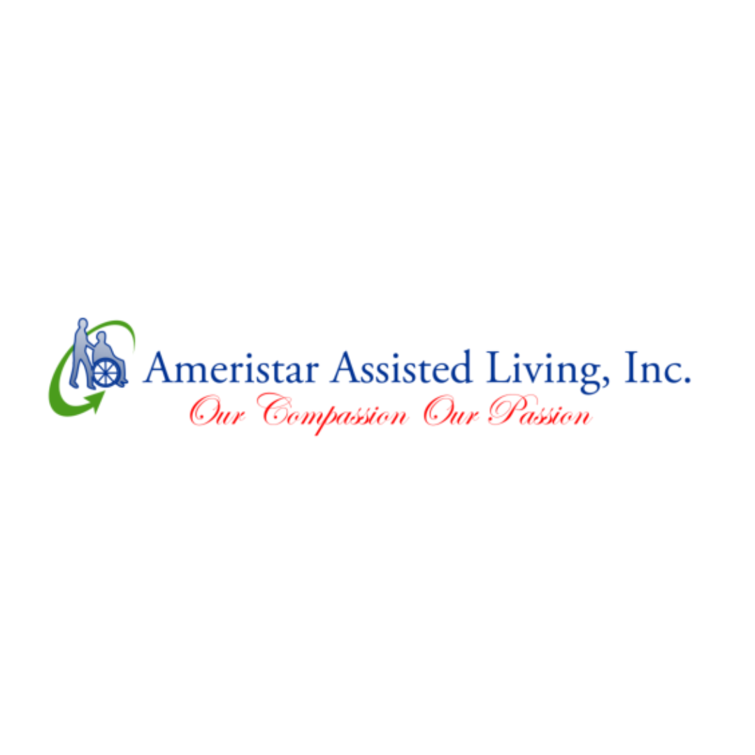 Logo of Ameristar Assisted Living, Inc. featuring an icon of a caregiver helping a person in a wheelchair, with the company's name in blue and the slogan "Our Compassion Our Passion" in red.