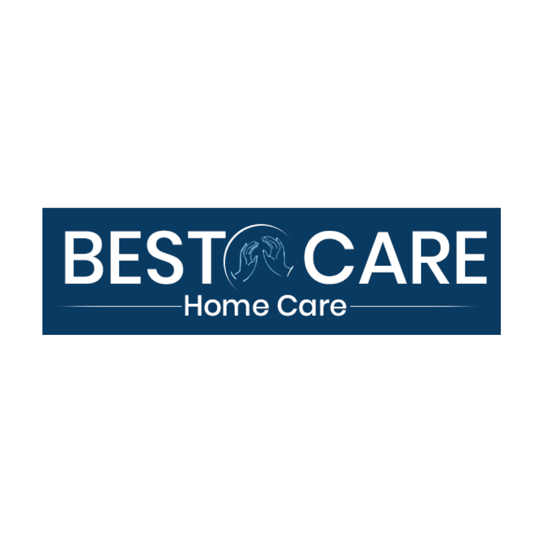 Logo for Best Care Home Care with blue background, white text, and an icon of two hands making a gesture.