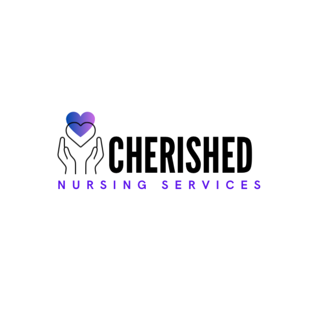 Cherished Nursing Services logo featuring two hands holding a heart with a gradient purple and blue fill.