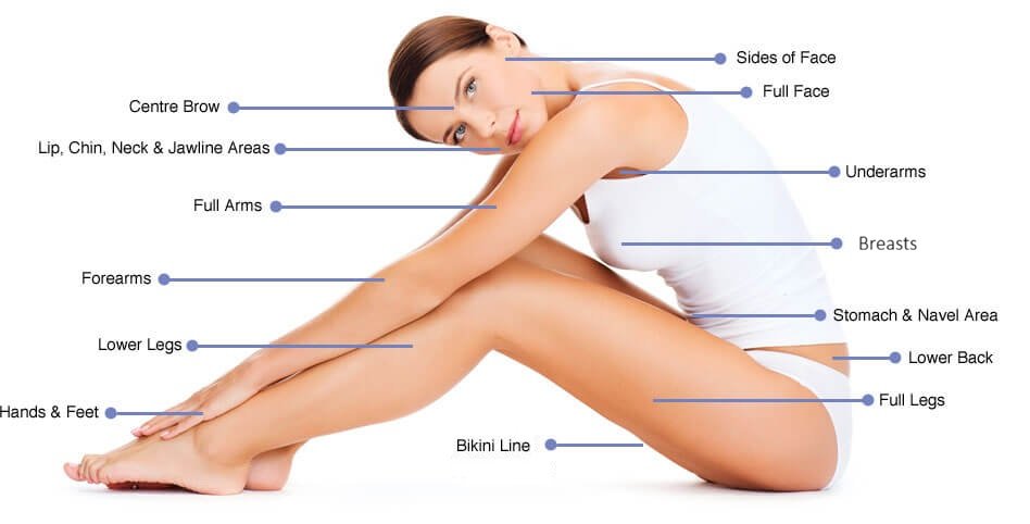 Diagram of a woman in a seated pose with labeled body parts including sides of face, full face, lips, chin, neck, jawline, underarms, breasts, stomach, navel, lower back, full legs, lower legs, hands, feet, center brow, forearms, bikini line, and sides of face.
