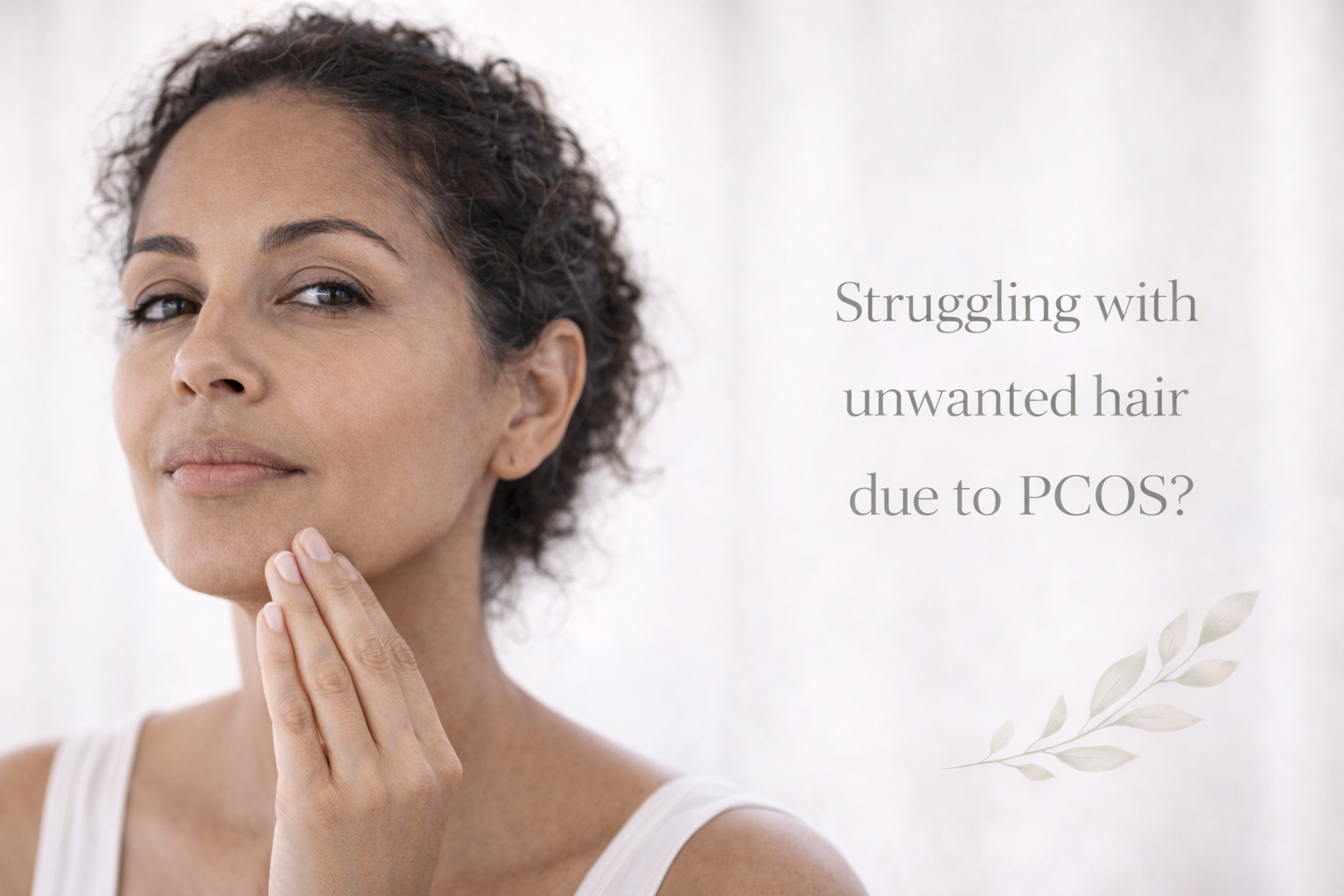 Close-up of a woman touching her chin, with text overlay asking about struggling with unwanted hair due to PCOS.