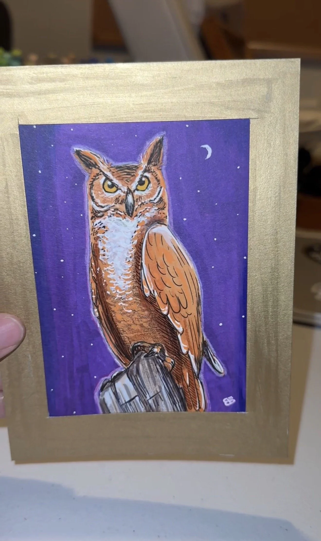 Mini Painting/ Greeting Card - Orange Owl Purple Background