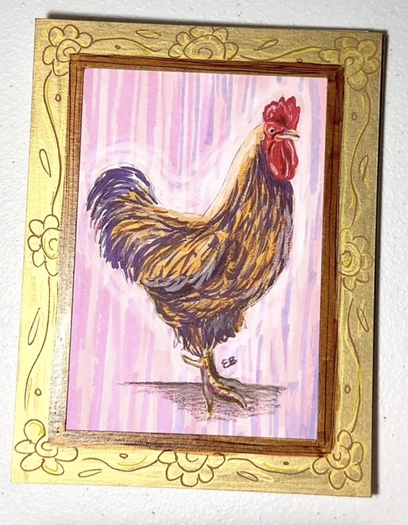 Mini Painting/ Greeting Card - Chicken with Pink Background