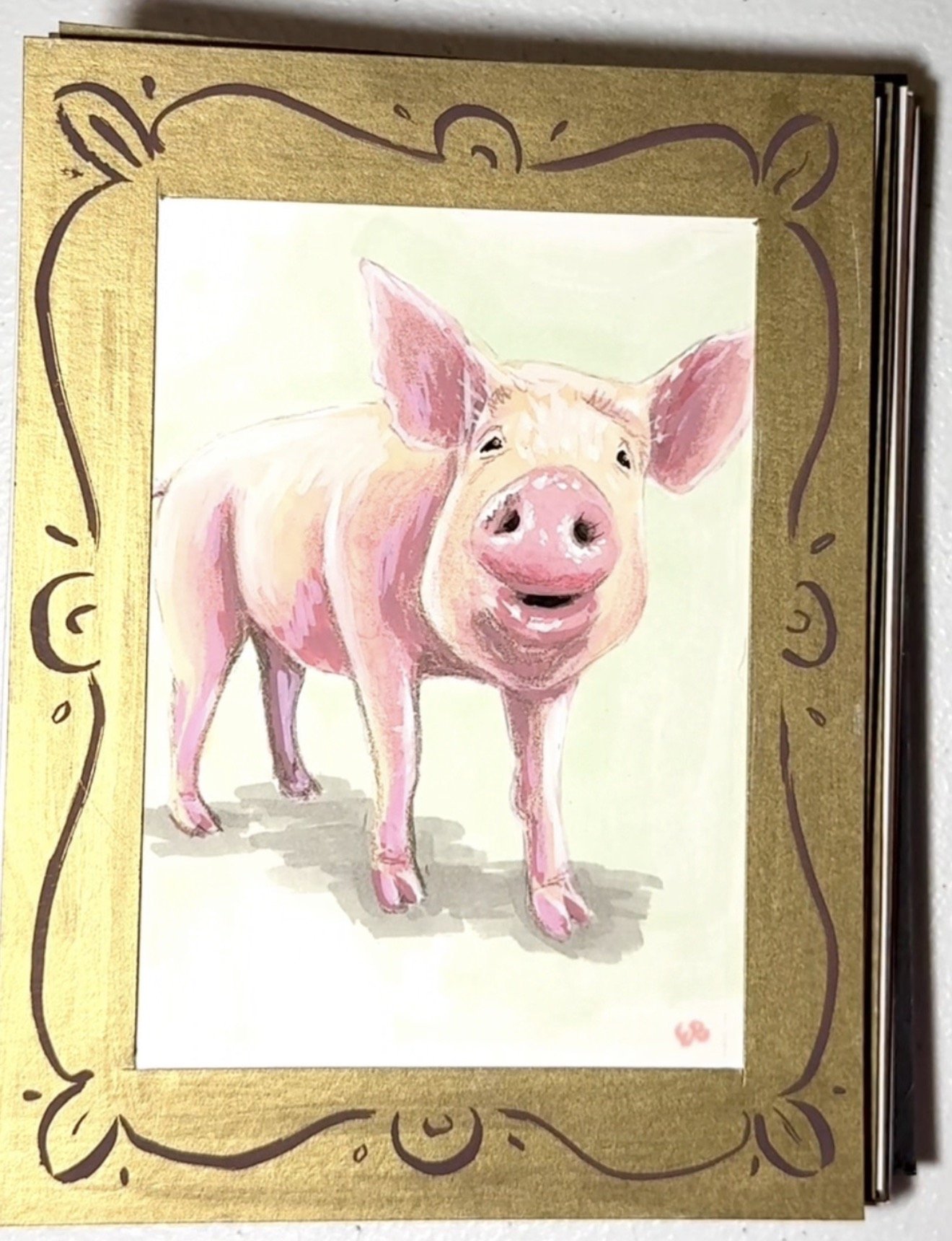 Mini Painting/ Greeting Card - Pig w Light Teal Background