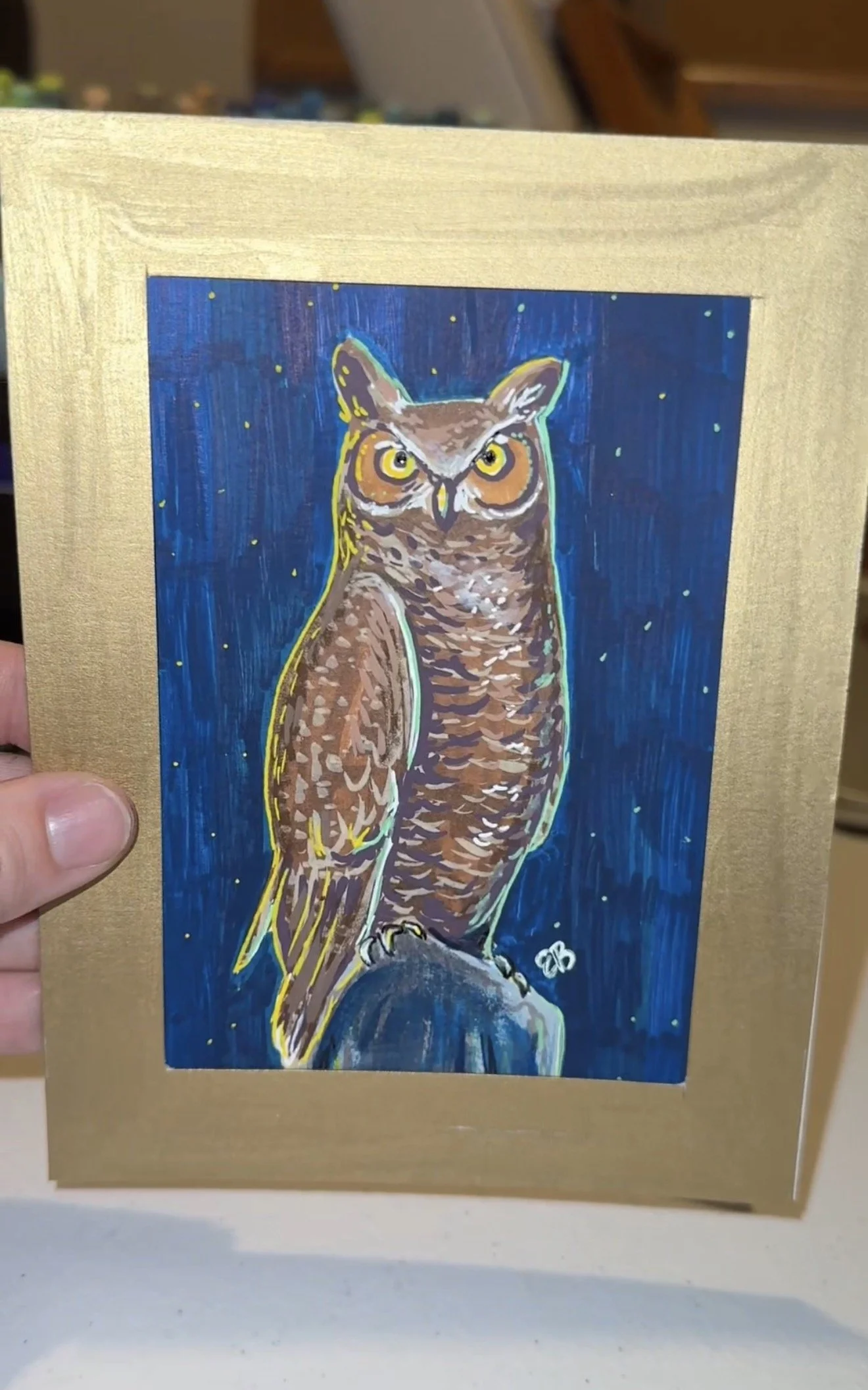 Mini Painting/ Greeting Card - Brown Owl - Night Background
