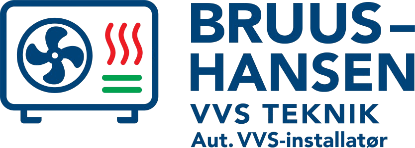 Logo for Bruus-Hansen VVS Teknik featuring a cooling fan, three red wavy lines, and three green horizontal lines, with text indicating it is an authorized VVS installer.