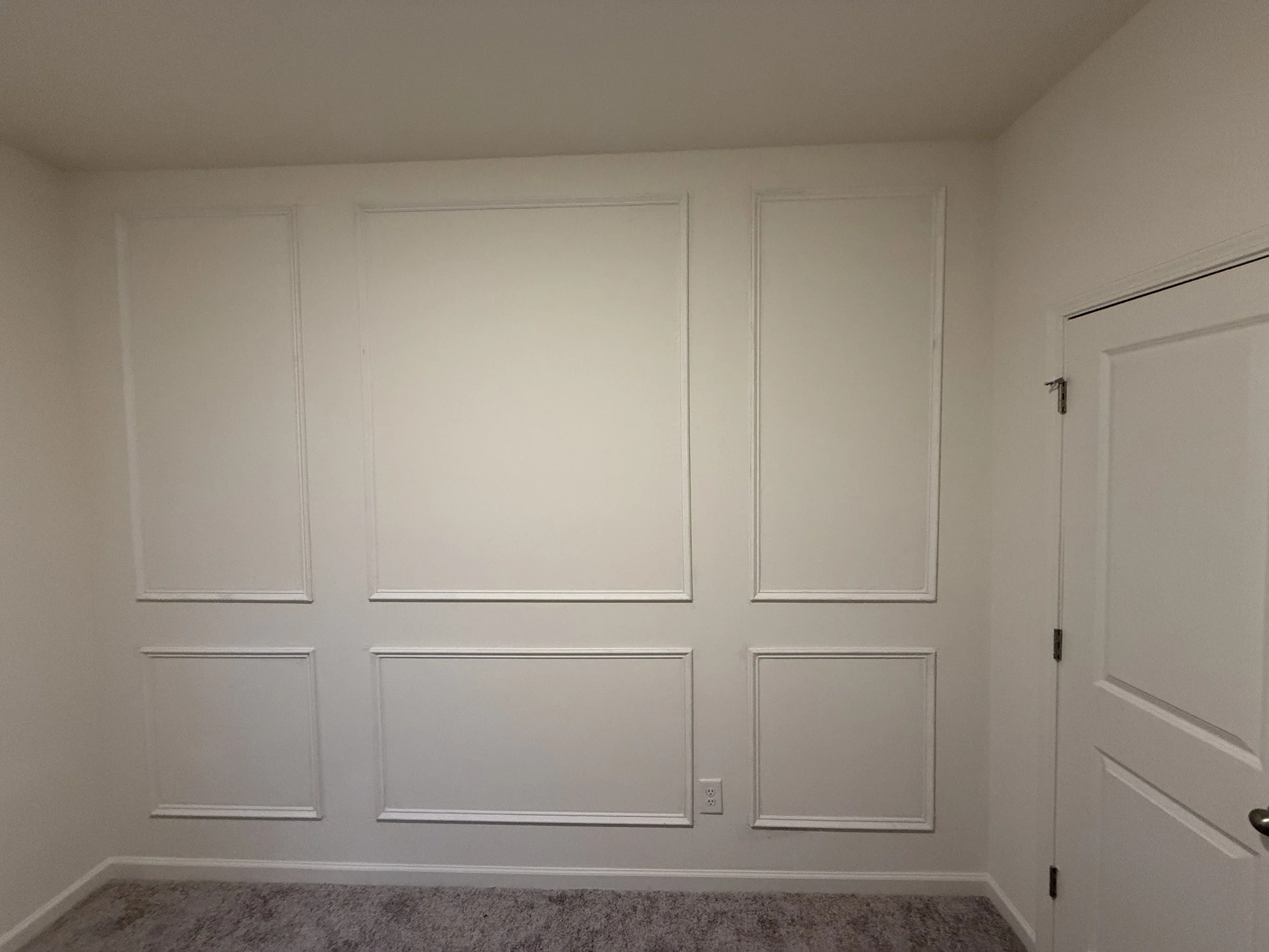Plain white wall with decorative wall molding panels, a white door with a doorknob, and a beige carpeted floor.