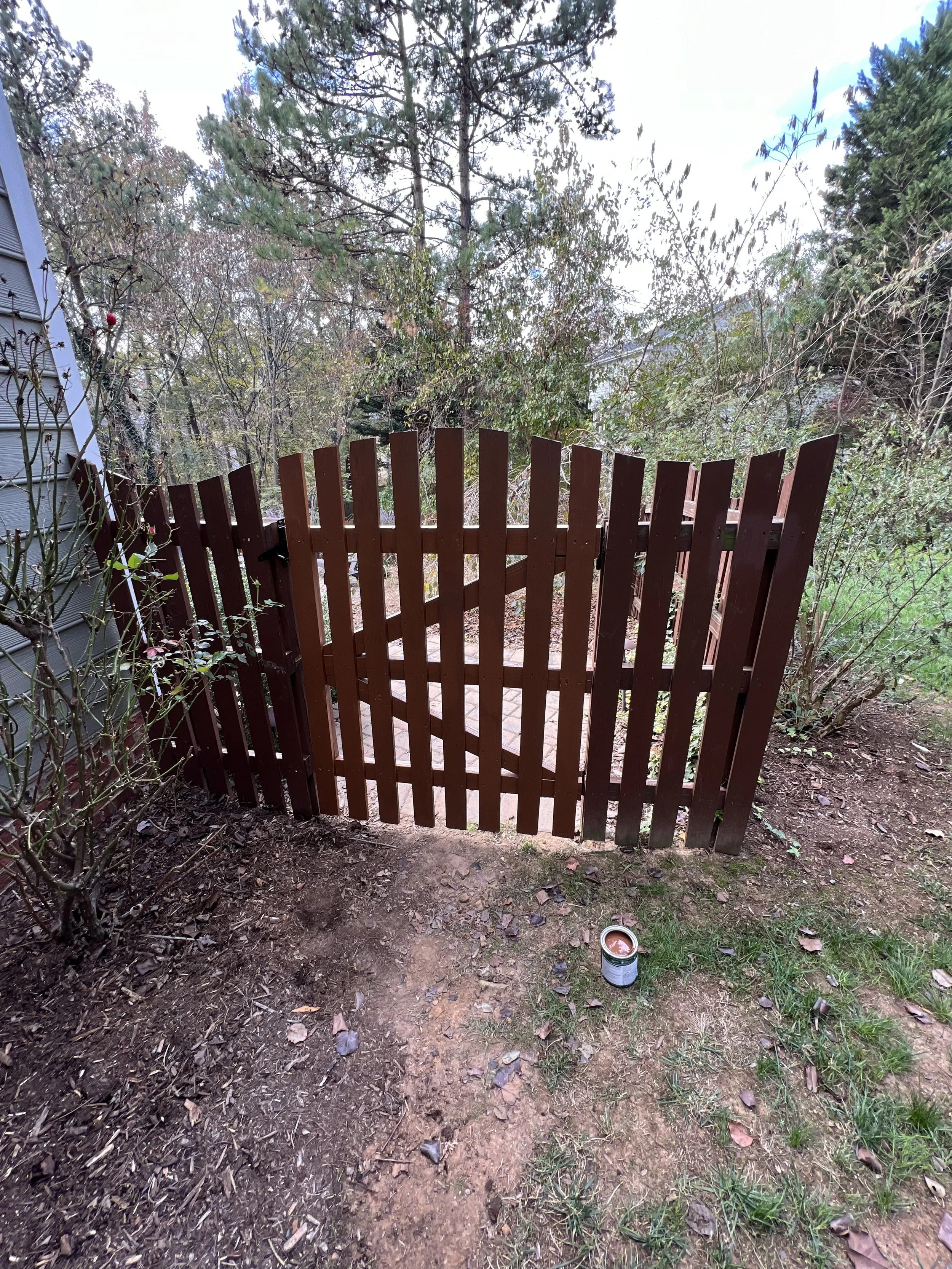 A brown wooden gate with a slight bend, partly open, next to a gravel and dirt pathway. A container of paint sits on the ground in front of the gate. Surrounding trees and bushes with sparse leaves indicate autumn or early winter.